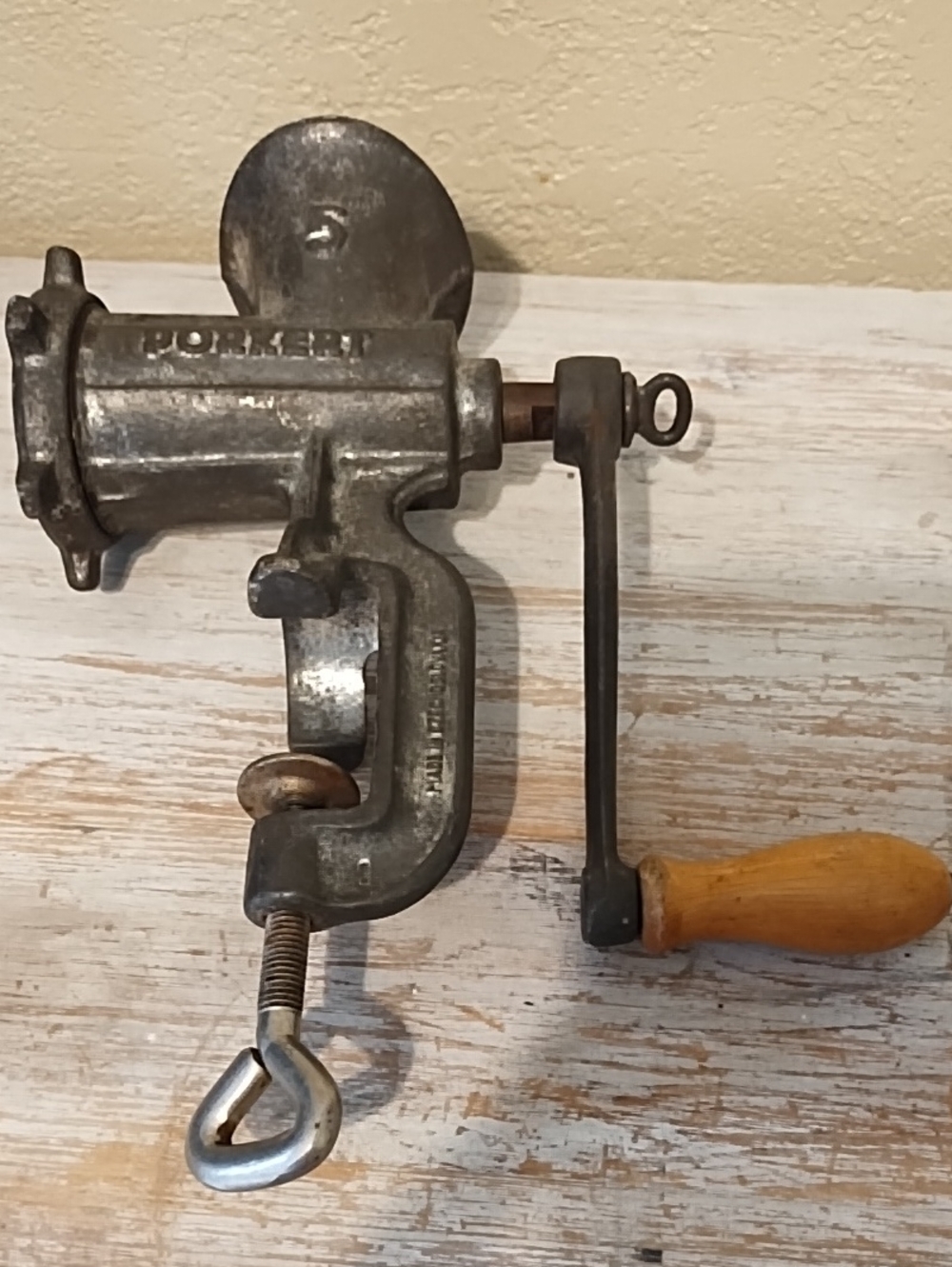 Vintage Metal Meat Grinder with Wood Handle - Silver